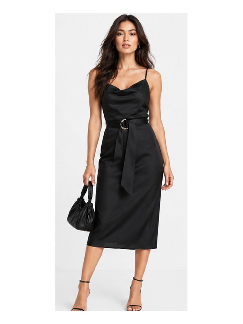 River Island Petite Black Satin Cowl Neck Belted Slip Midi Dress US 6 S